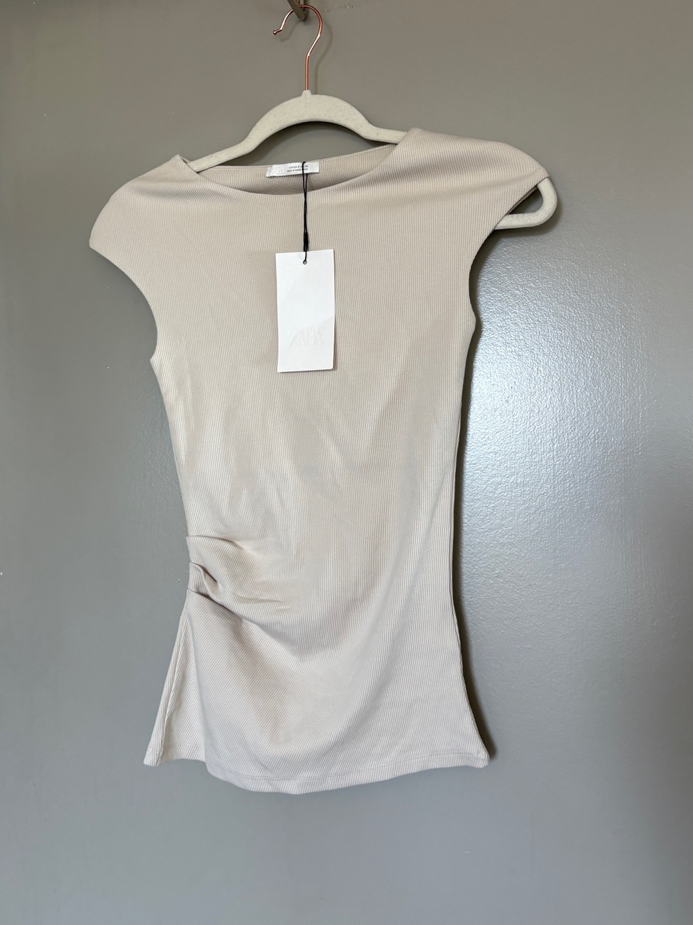 Zara Cream Cap-Sleeve Ribbed Tee - NWT - Picture 1 of 7